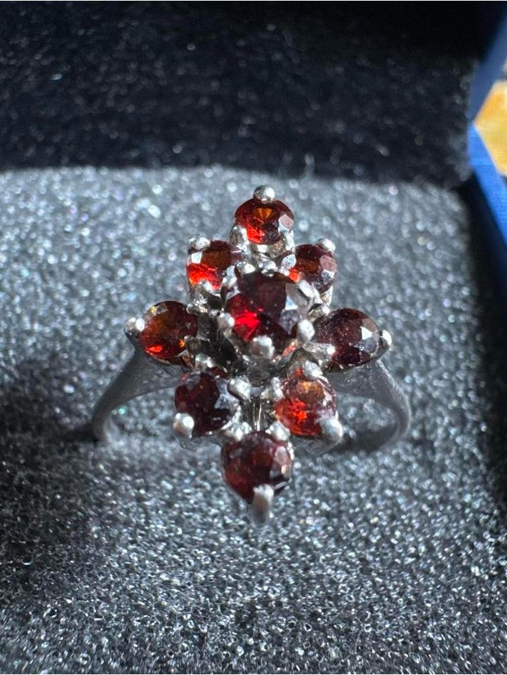 925 Sterling Silver Garnet Cluster Ring Floral Statement Size 5 Vintage